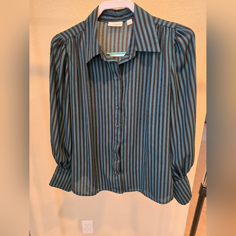 Size Small Green and Black striped Eva Mendes Button-Down Shirt